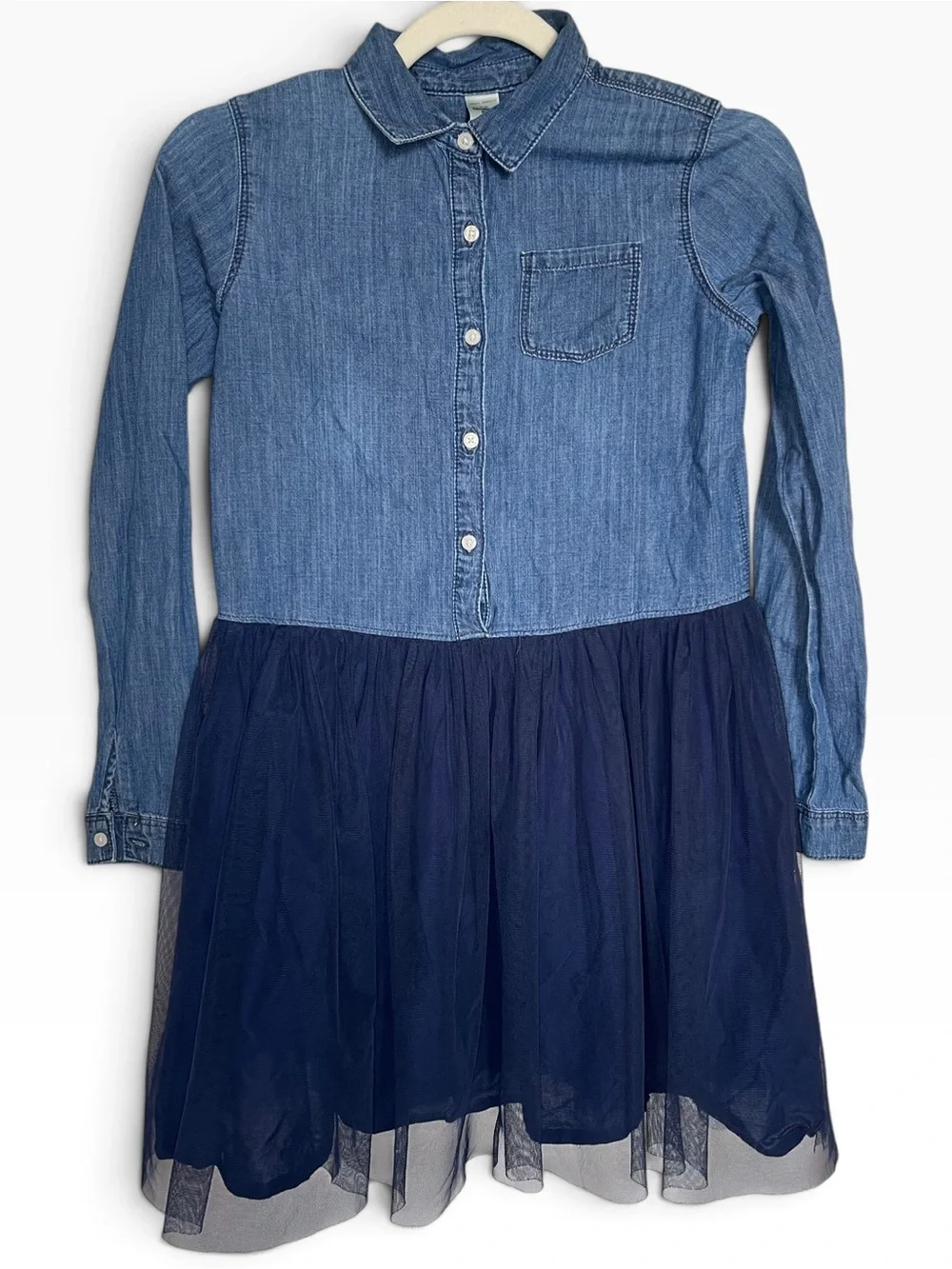 OshKosh Girls Denim Tulle Long Sleeve Button Down Shirt Dress Sz 14/14A